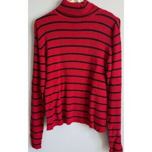 VTG Casual Corner Womens Red/Black Striped Ribbed Turtleneck Sweater XL Classic